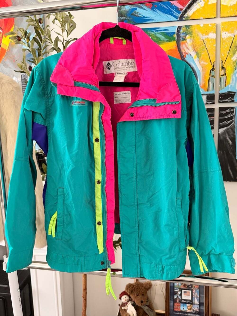 Vintage 80’s/90’s Retro Columbia Radial Sleeve Jacket Teal Pink Windbreaker
